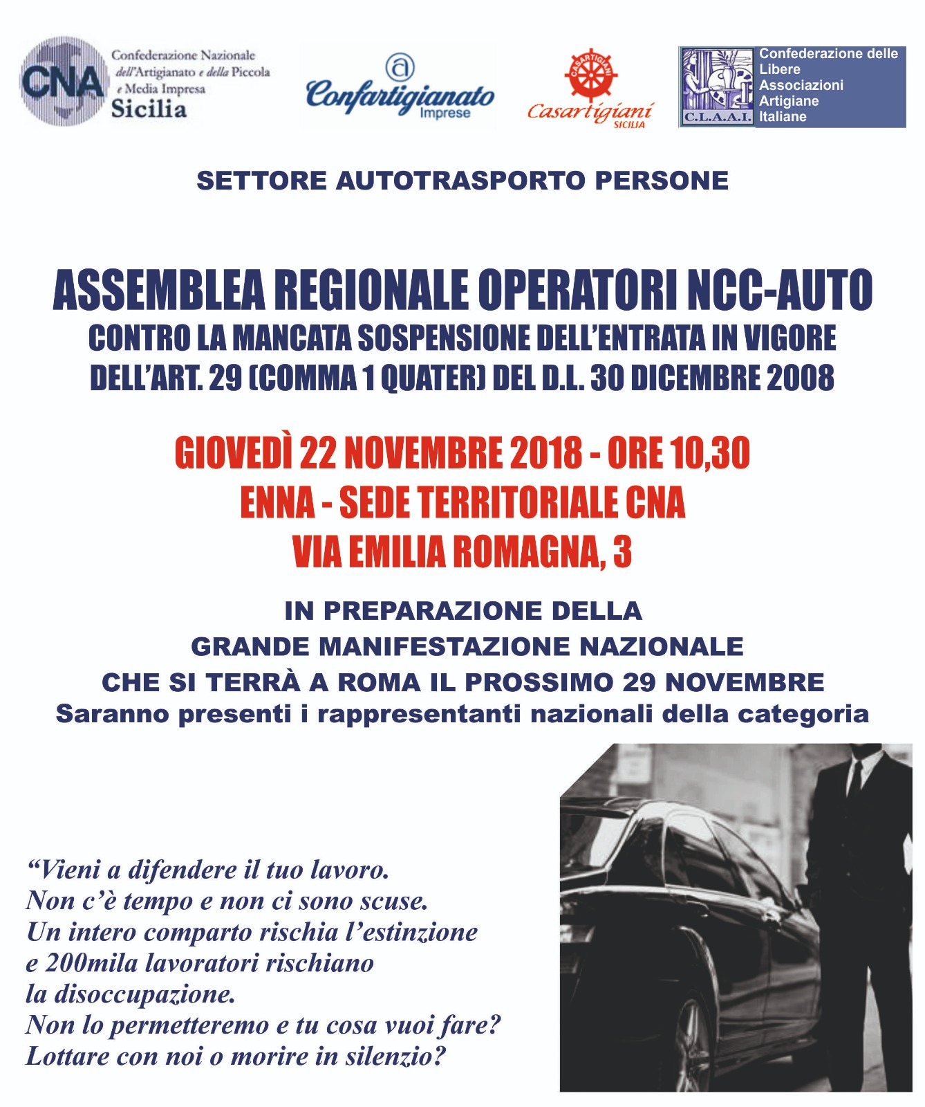 NCC Auto: operatori sul piede di guerra, domani assemblea regionale ad Enna